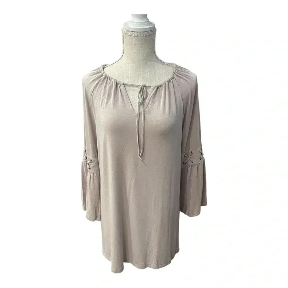 Haute Hippie Tribe Beige 3/4 Sleeve Peasant Bohemian Tunic Top Women’s size M